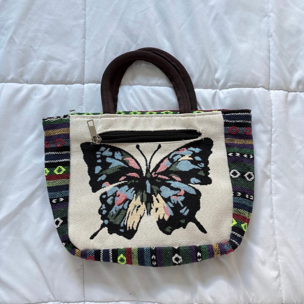 Boho Butterfly Woven Tapestry Tote Bag Small Zippered Handbag Striped Hippie Y2K - Picture 4 of 7